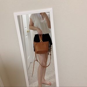 Brown crossbody tote, faux leather, suede lining
